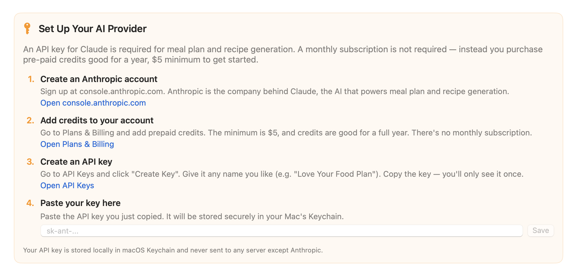 Set Up Your AI Provider panel showing 4 steps: create an Anthropic account, add credits, create an API key, and paste it into the app