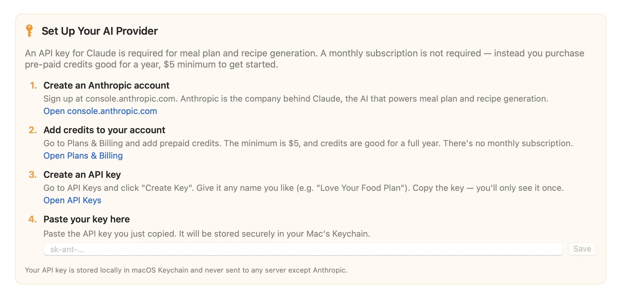 Set Up Your AI Provider panel showing 4 steps: create an Anthropic account, add credits, create an API key, and paste it into the app