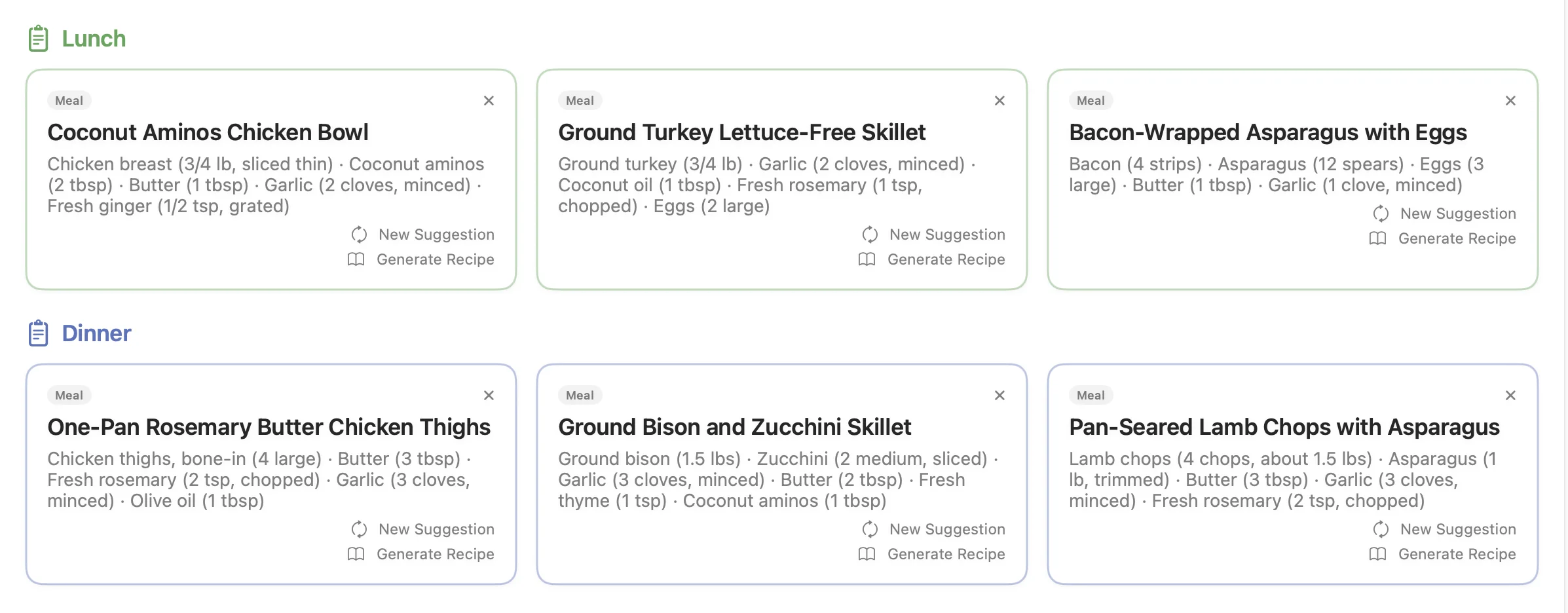 Carnivore meal plan showing lunch and dinner options like Coconut Aminos Chicken Bowl, Bacon-Wrapped Asparagus with Eggs, One-Pan Rosemary Butter Chicken Thighs, and Pan-Seared Lamb Chops