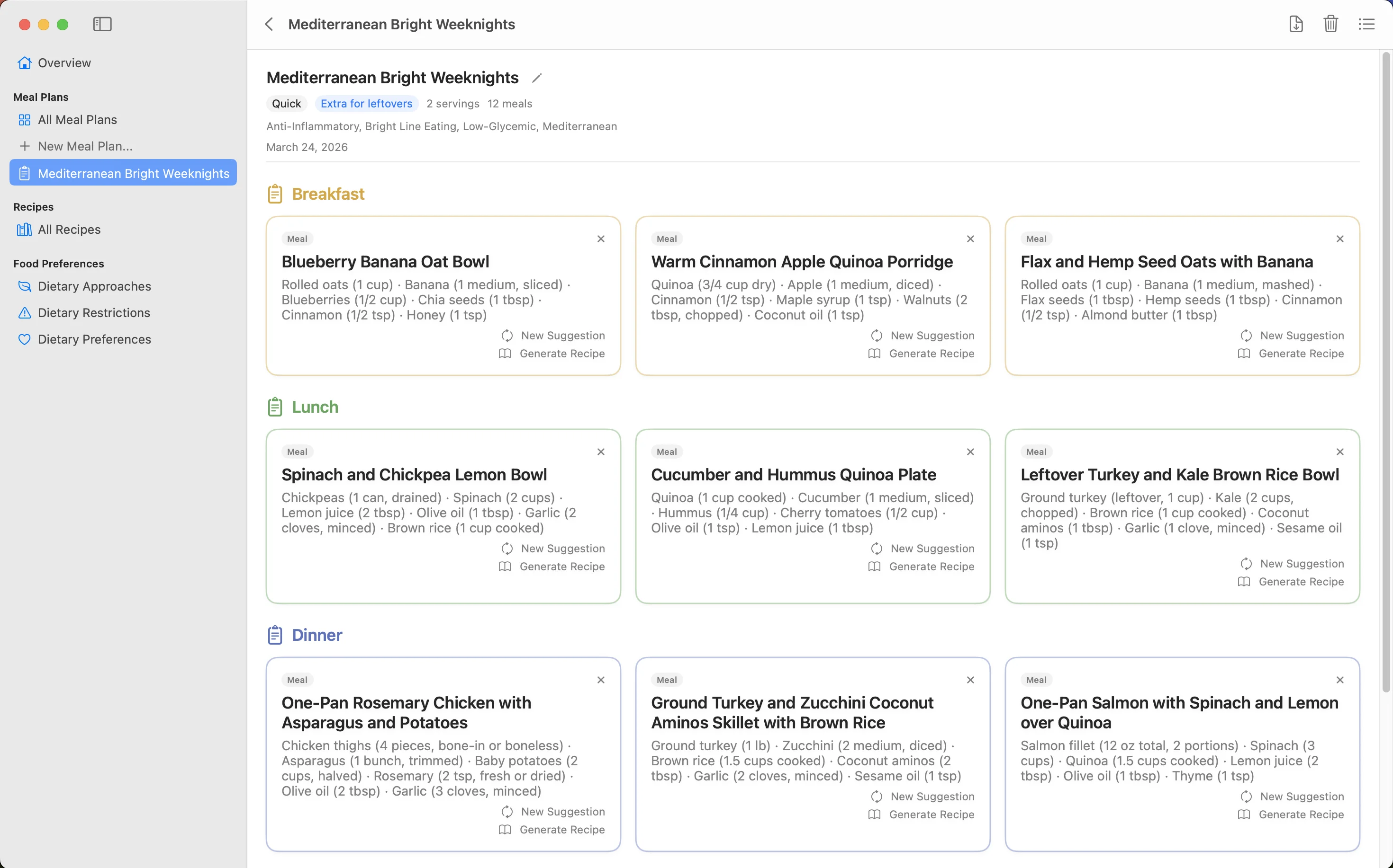 Meal plan grid showing Mediterranean Bright Weeknights with breakfast, lunch, and dinner categories, each with three meal cards listing ingredients and options to get a new suggestion or generate a recipe