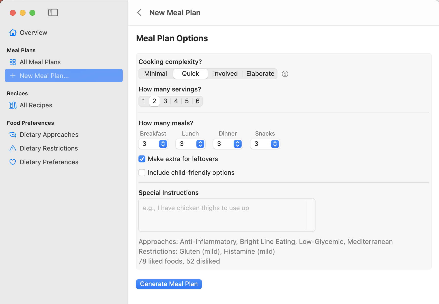 New Meal Plan view showing options for cooking complexity, servings, meal counts per category, leftovers, child-friendly options, and special instructions