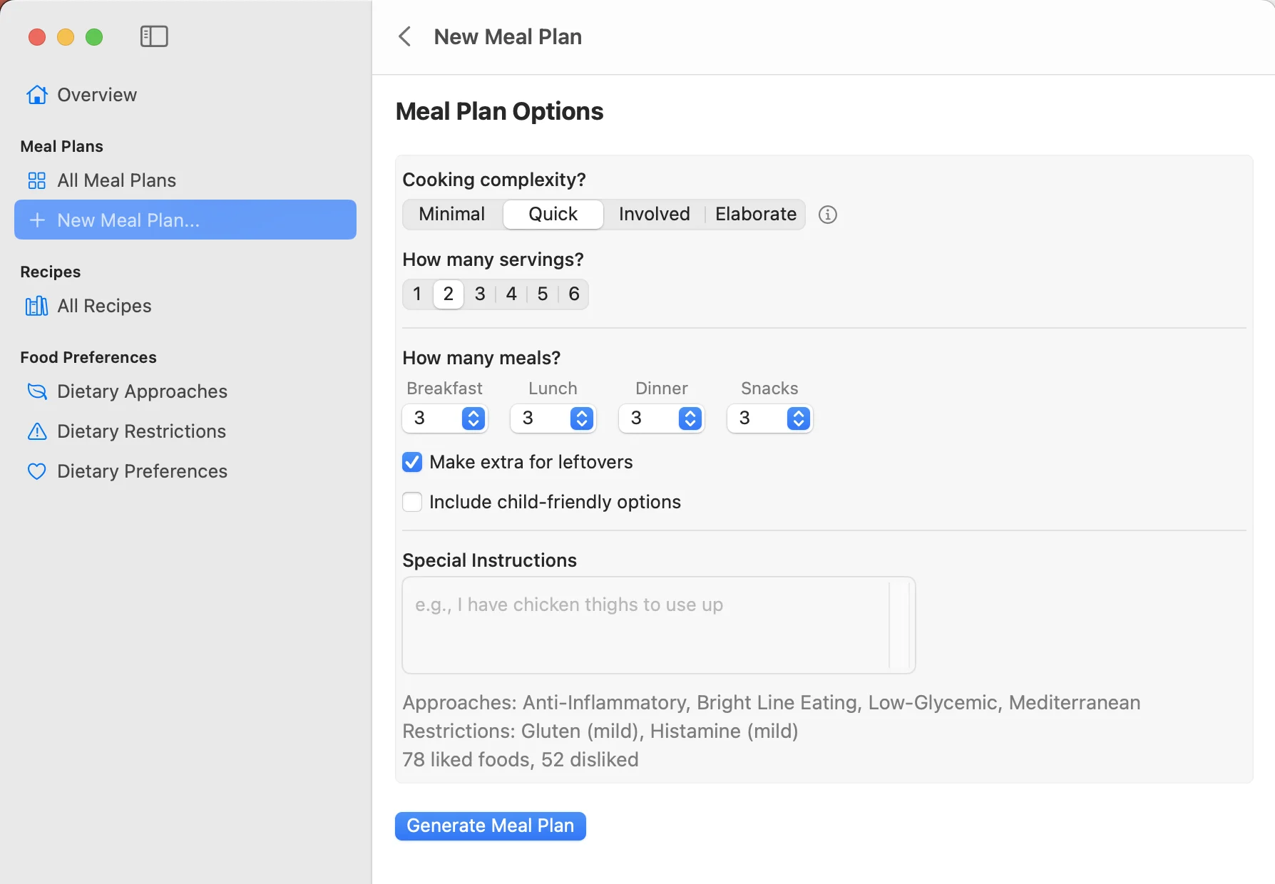 New Meal Plan view showing options for cooking complexity, servings, meal counts per category, leftovers, child-friendly options, and special instructions