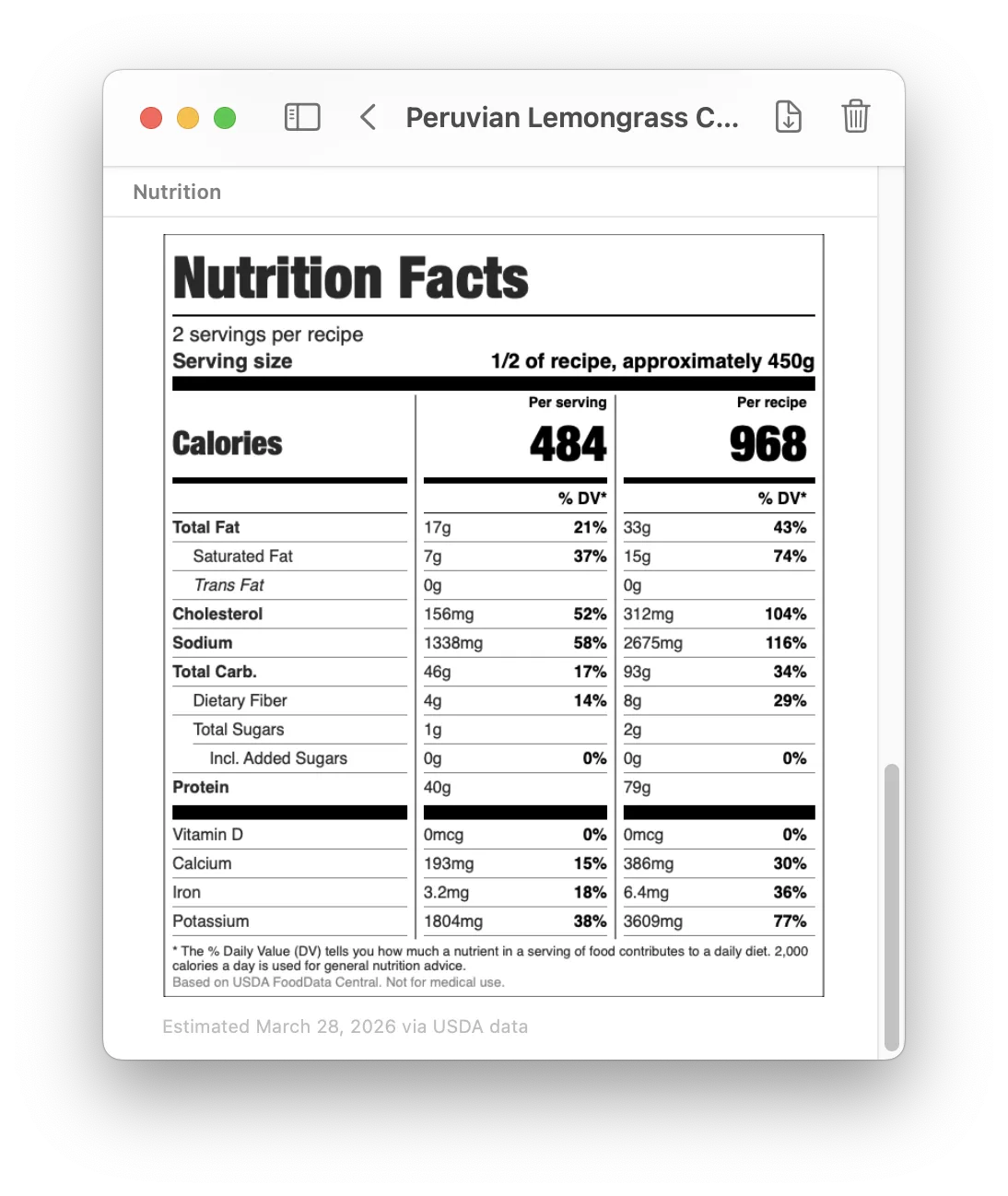 FDA-style Nutrition Facts label in app window showing per serving and per recipe columns with calories, macronutrients, and micronutrients including Vitamin D, Calcium, Iron, and Potassium