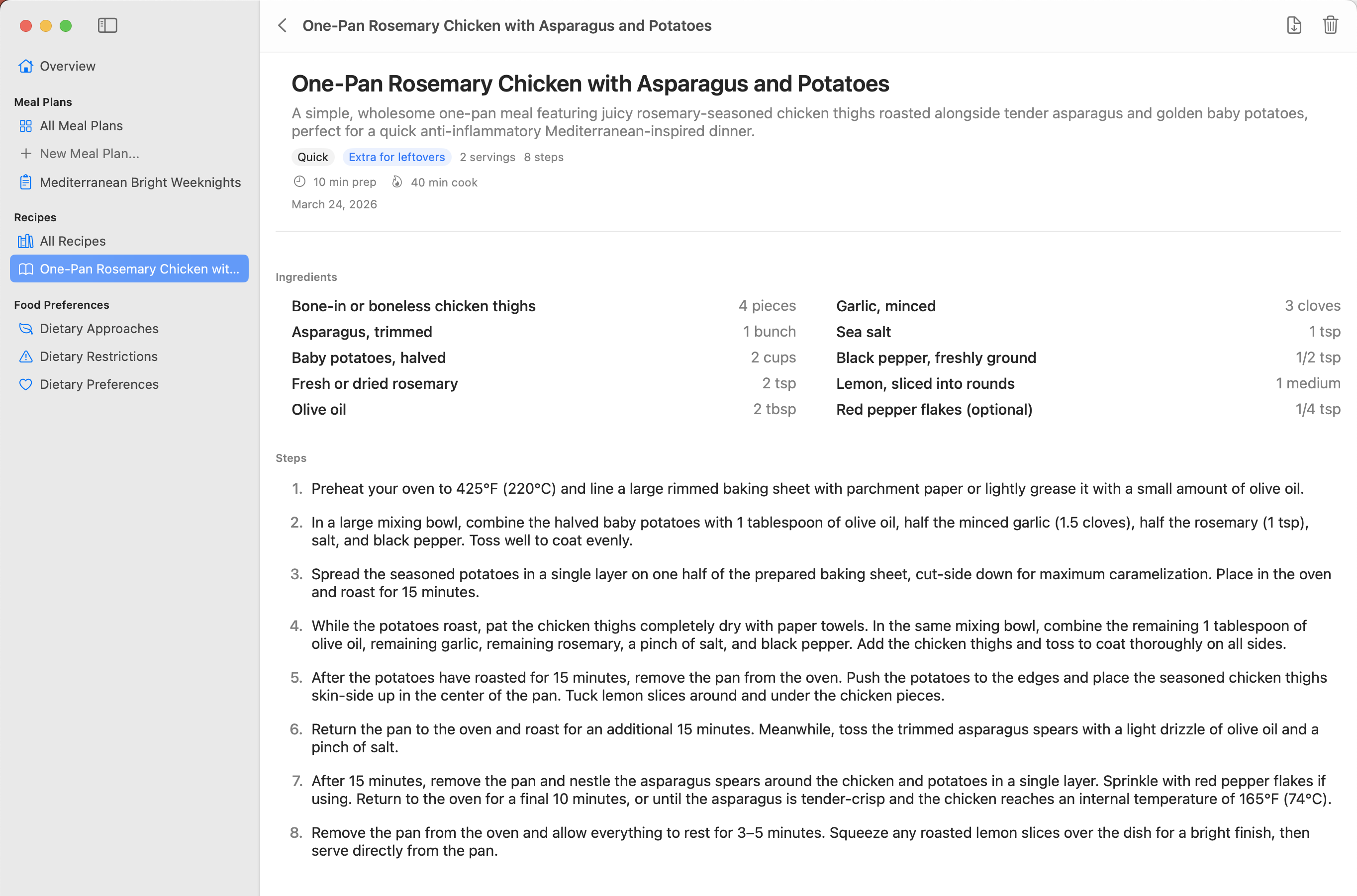 Recipe view for One-Pan Rosemary Chicken with Asparagus and Potatoes showing ingredients in two columns, 8 numbered cooking steps, prep and cook times