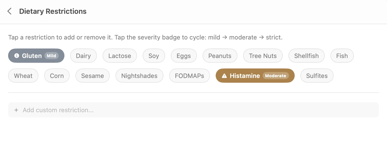 Dietary restrictions view showing Gluten set to Mild and Histamine set to Moderate, demonstrating different severity levels across 16 common restrictions