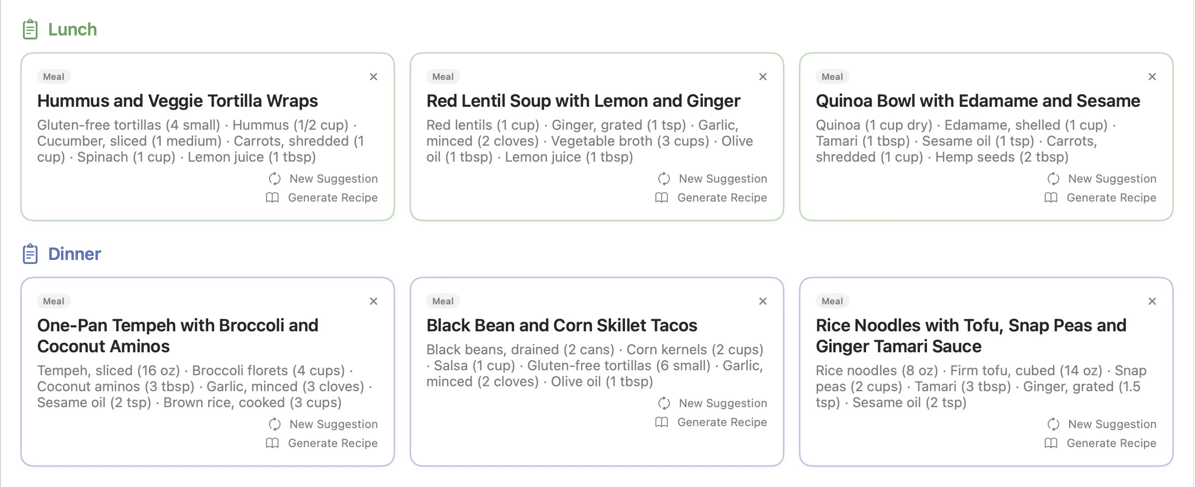 Vegan meal plan showing lunch and dinner options like Hummus Veggie Tortilla Wraps, Red Lentil Soup, One-Pan Tempeh with Broccoli, and Black Bean Corn Skillet Tacos